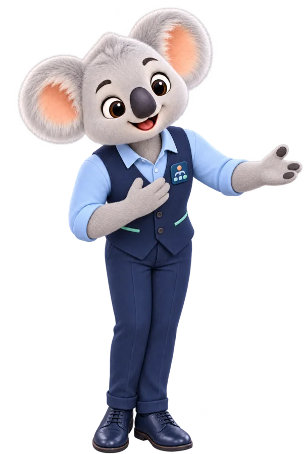 The HRMS koala, dressed in a navy HR waistcoat, welcomes you