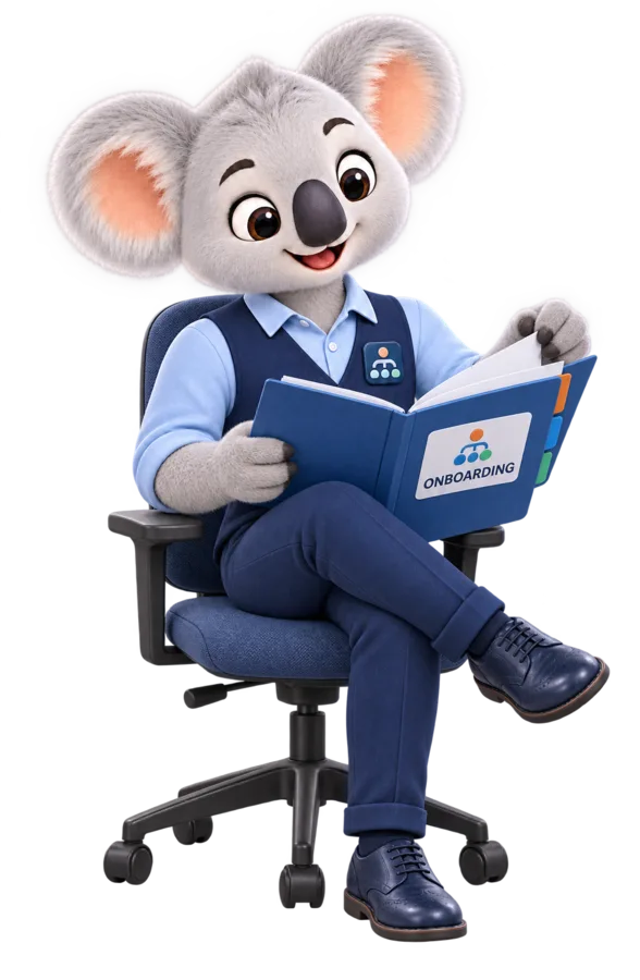 The HRMS koala reading an onboarding binder